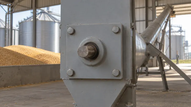 Extremo del eje de un sinfín de granos con su soporte de brida, con silos al fondo
