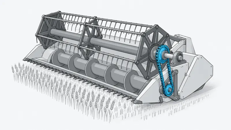 Ilustración del cabezal de una cosechadora con la transmisión a cadena y piñones destacada
