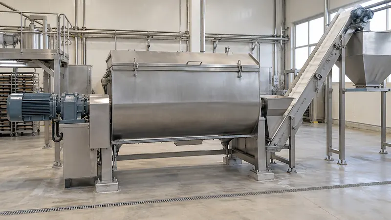 Mezcladora horizontal de acero inoxidable con motorreductor y cinta elevadora en una planta de alimentos