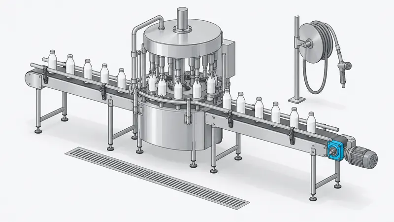 Ilustración de una línea de envasado de acero inoxidable con el soporte del rodamiento destacado
