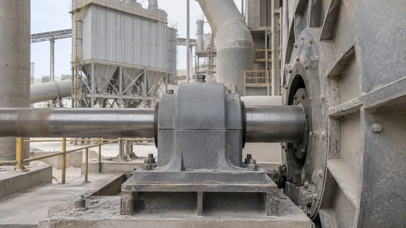 Soporte de pie con rodamiento en el eje de un ventilador industrial de una cementera
