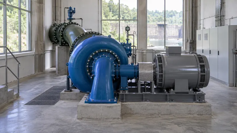 Turbina hidráulica acoplada a su generador en la sala de máquinas de una central