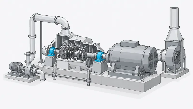 Ilustración de una turbina con su generador y el soporte del eje destacado