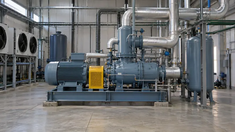 Compresor de refrigeración con motor eléctrico en la sala de máquinas de un frigorífico