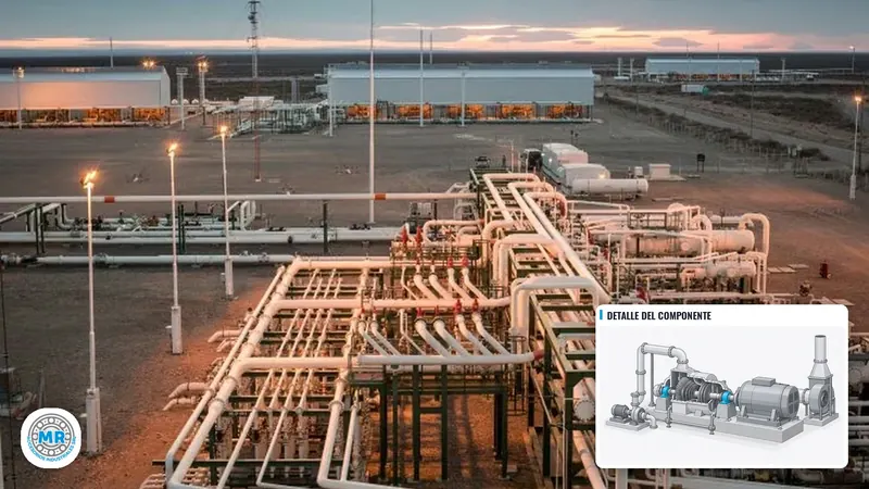 Planta de tratamiento de gas al atardecer con el colector de cañerías y los galpones de compresión; recuadro con un tren de compresión y sus soportes