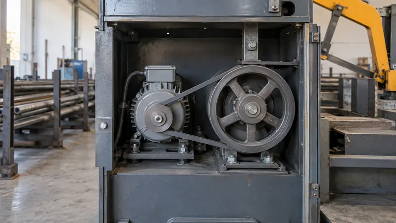 Motor eléctrico con transmisión por correa y polea de fundición en el gabinete de una máquina