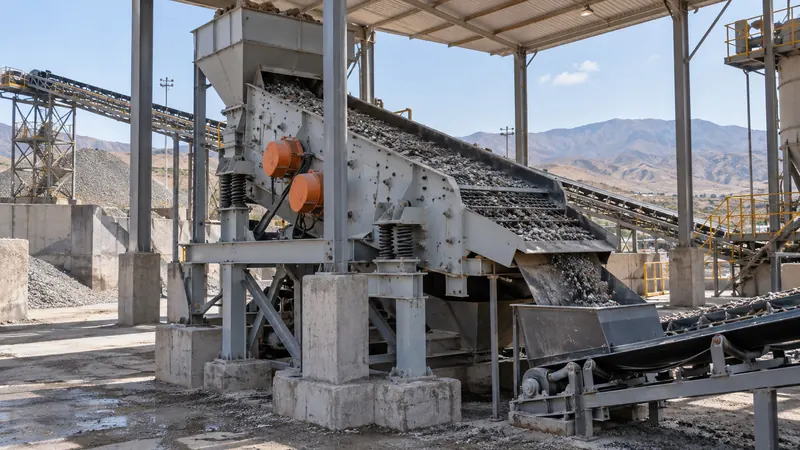 Zaranda vibratoria clasificando mineral en una planta de trituración