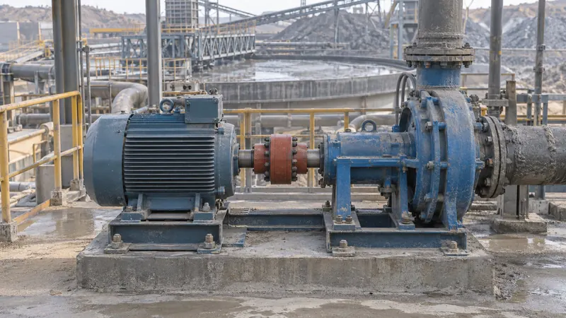 Bomba de pulpa con motor eléctrico y acople junto a un espesador en una planta minera