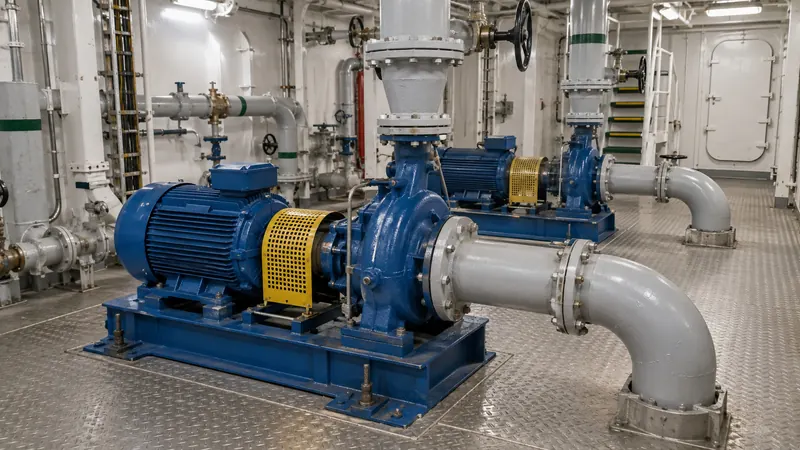 Bomba centrífuga con motor eléctrico y cubreacople en la sala de máquinas de un buque