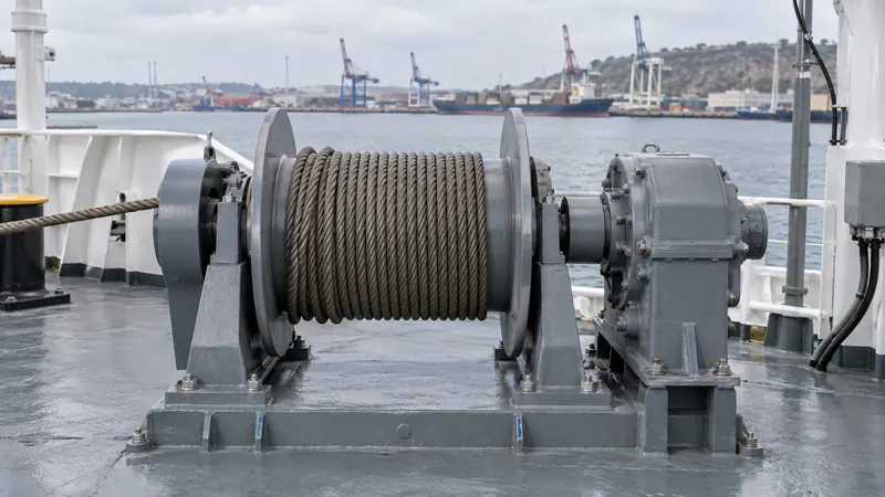 Guinche de cubierta con tambor de cable de acero y reductor, con el puerto al fondo