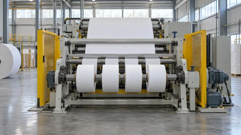 Bobinadora cortadora de papel con bobinas terminadas en una planta papelera