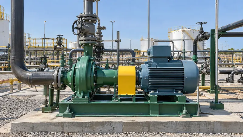 Bomba de proceso con motor eléctrico y cubreacople sobre su base en una planta petrolera