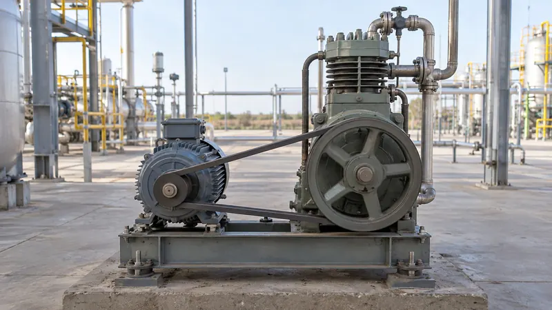 Compresor a pistón accionado por motor eléctrico y correas en una planta de gas