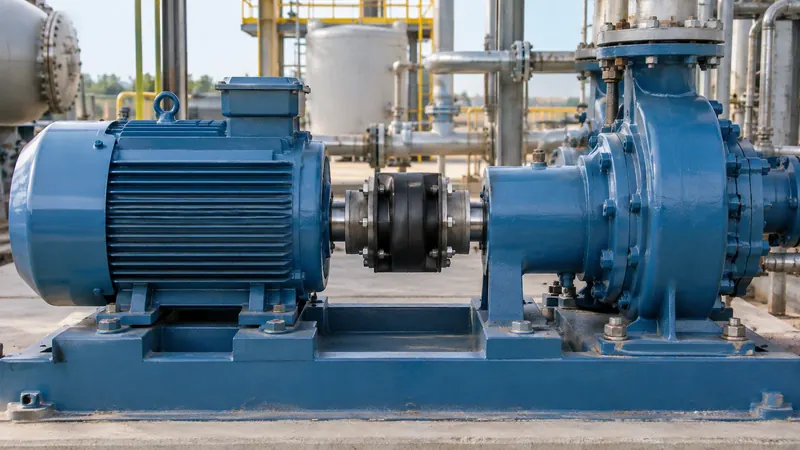 Motor eléctrico, acople y bomba alineados sobre una base común en una refinería