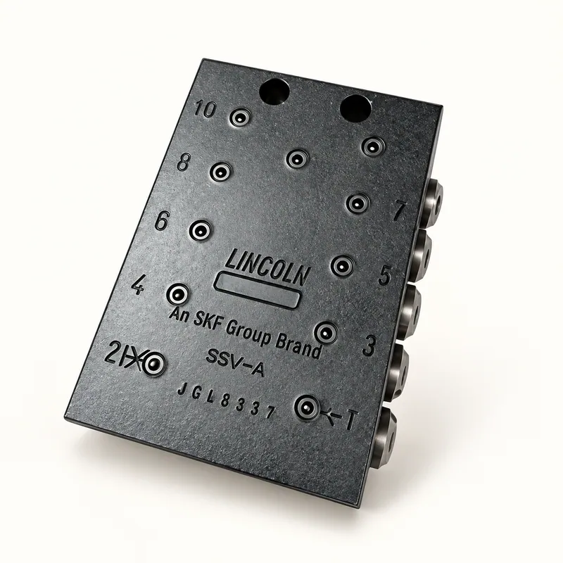 Bloque distribuidor de acero con múltiples salidas roscadas y cuerpo rectangular para sistema de lubricación centralizada · SKF LL/619-26844-1