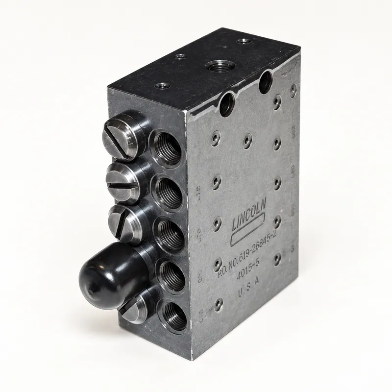 Distribuidor de lubricación de acero con diez salidas y pin indicador de ciclo visible · SKF LL/619-26845-2