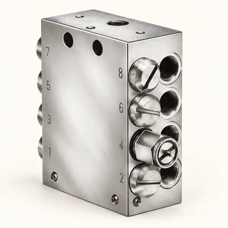 Bloque distribuidor SSV de acero con cuerpo rectangular y múltiples puertos roscados · SKF LL/619-27478-1