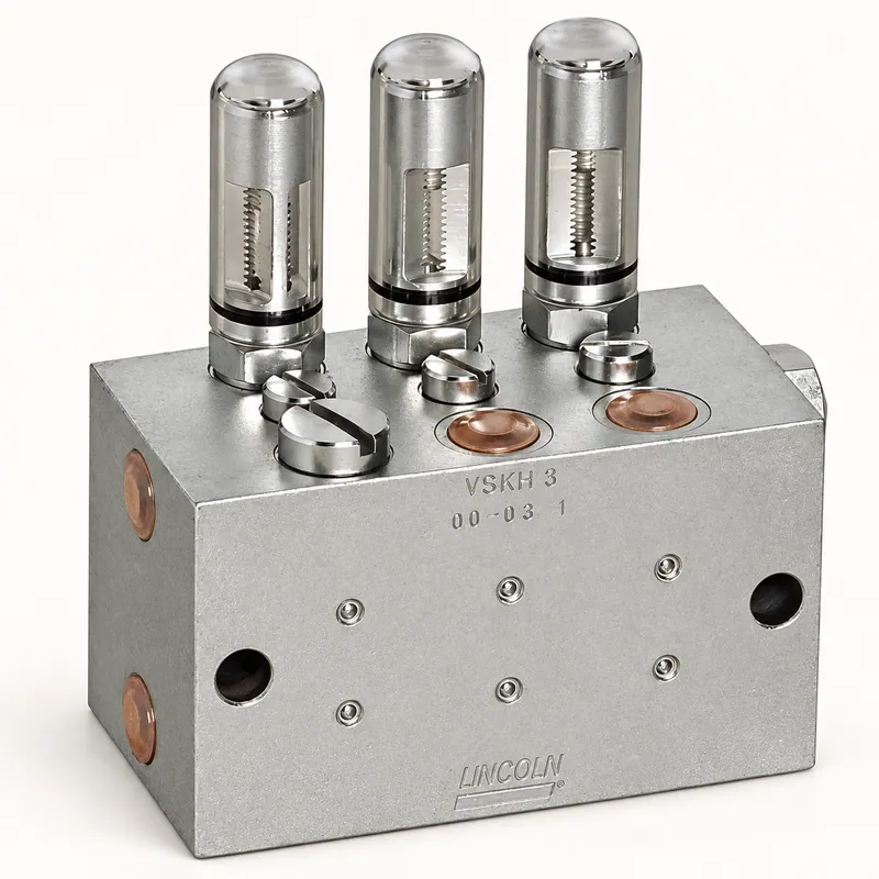 Bloque dosificador de acero con salidas roscadas y cuerpo cilíndrico para sistema de lubricación centralizada · SKF LL/620-40015-5