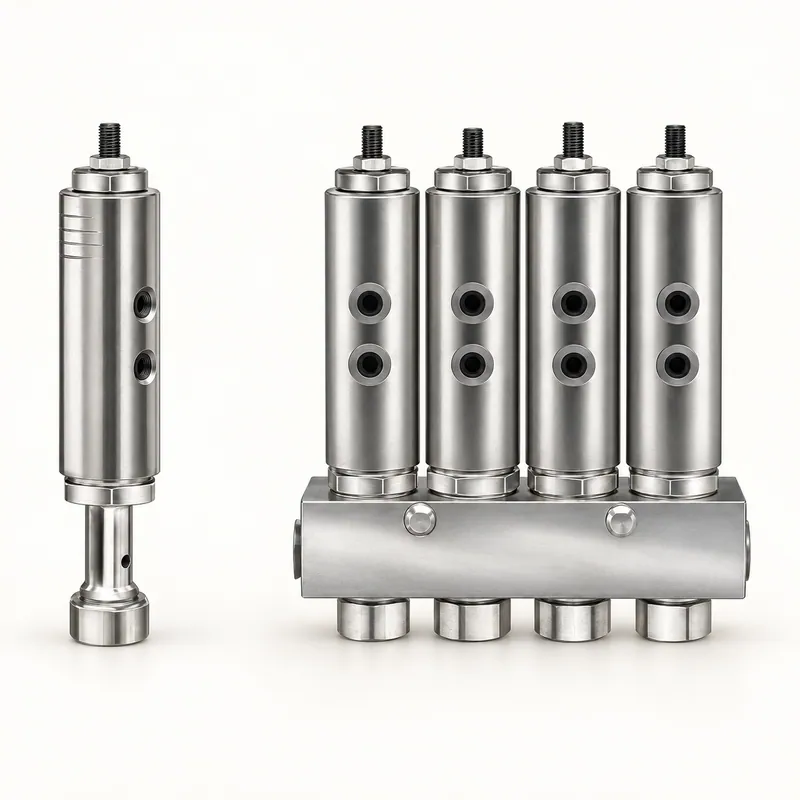Inyector de aceite metálico cilíndrico con cuerpo estriado y conexiones roscadas · SKF LL/82294-4