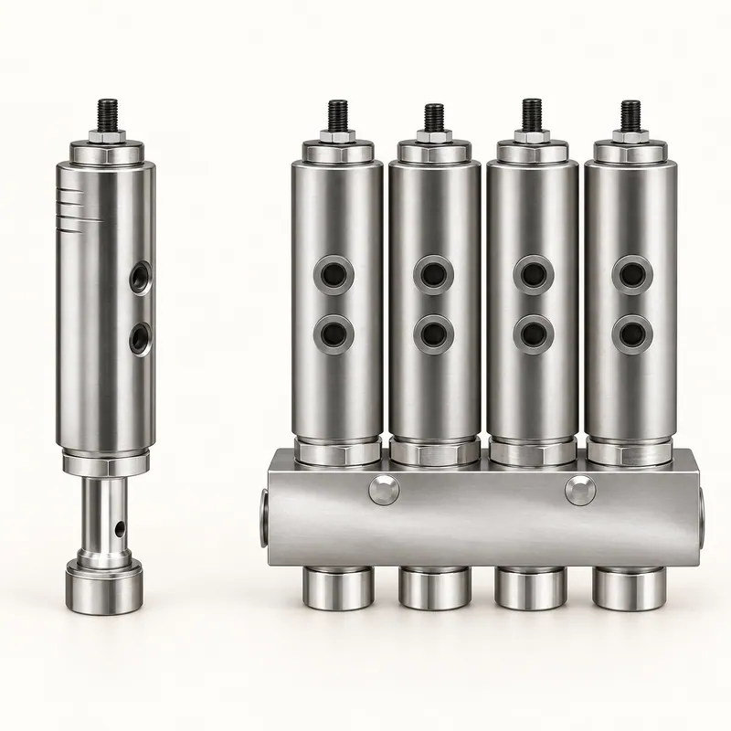 Inyector de aceite metálico cilíndrico con cuerpo estriado y conexiones roscadas · SKF LL/82294-5