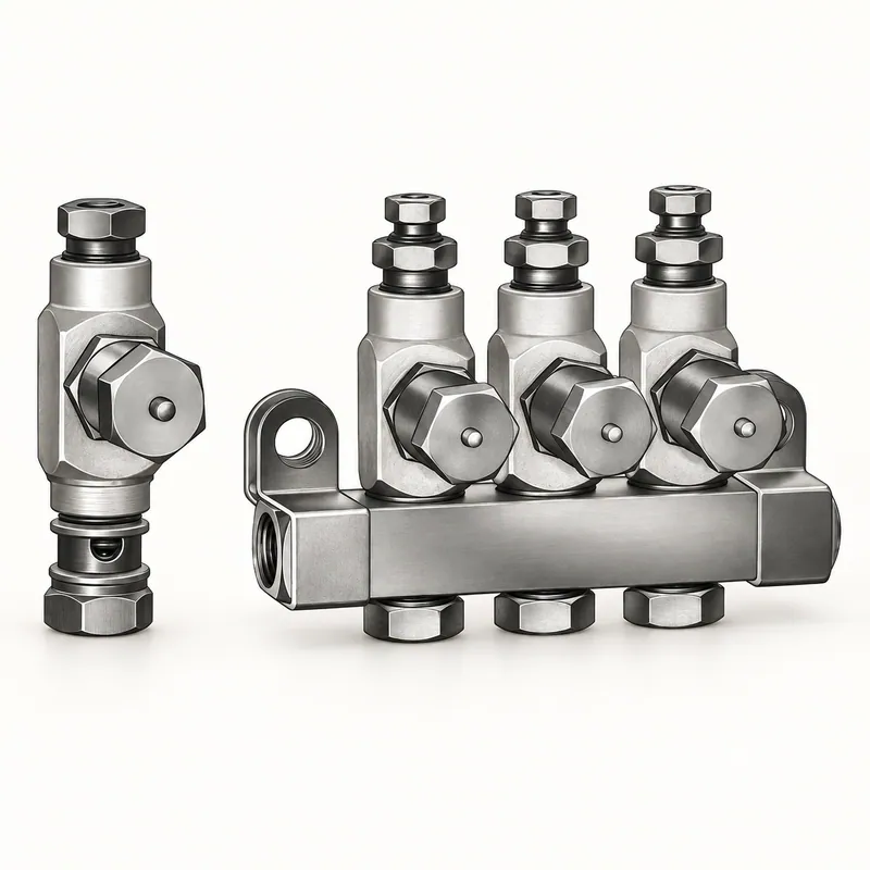 Inyector de aceite metálico alargado con cuerpo cilíndrico y conexiones roscadas · SKF LL/83311-2
