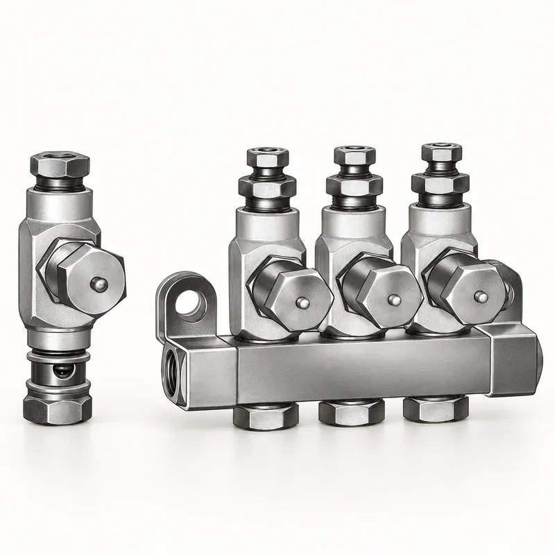 Inyector de aceite metálico alargado con cuerpo cilíndrico y conexiones roscadas · SKF LL/83311-3