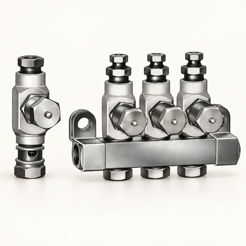 Inyector de aceite metálico alargado con cuerpo cilíndrico y conexiones roscadas · SKF LL/83311-4