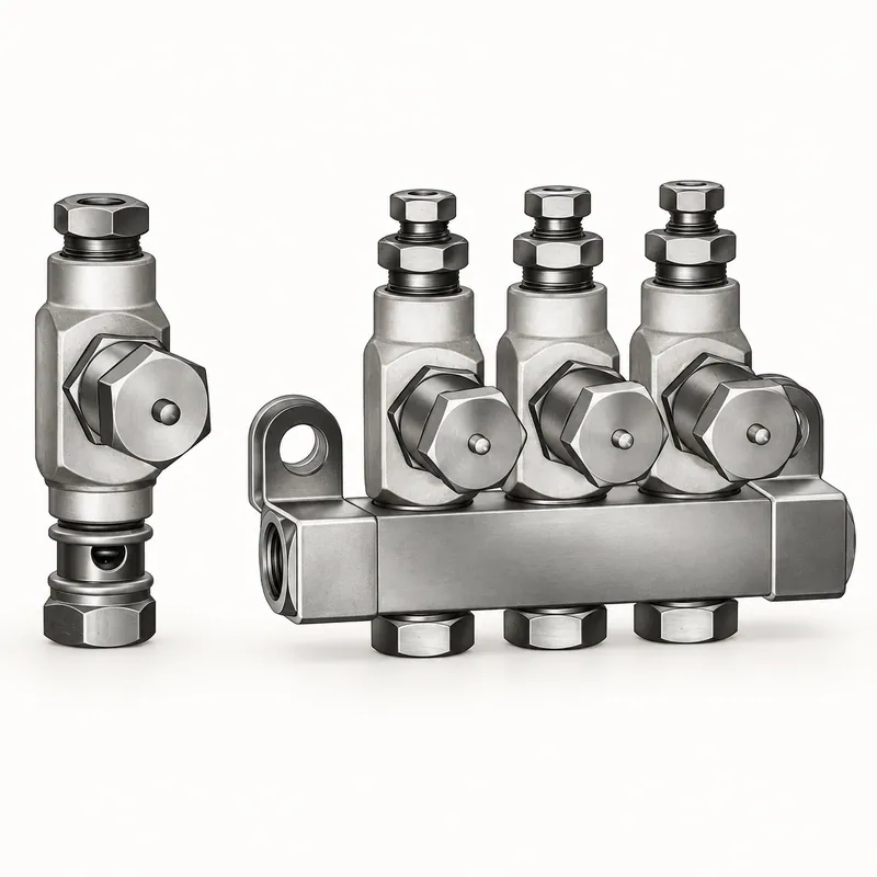 Inyector de aceite metálico alargado con cuerpo cilíndrico y conexiones roscadas · SKF LL/83311-5