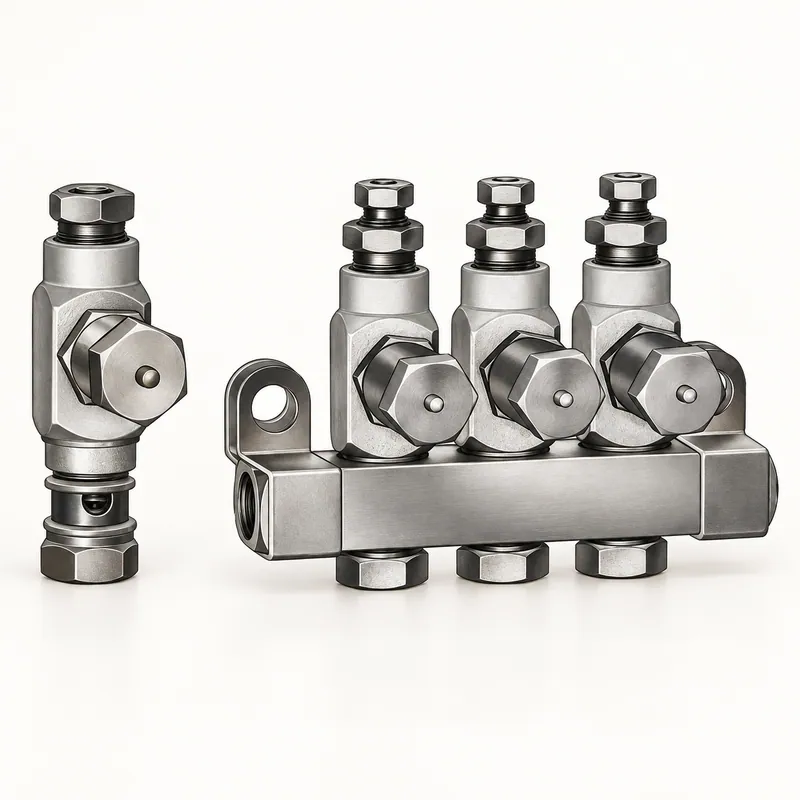 Inyector de aceite metálico alargado con cuerpo cilíndrico y conexiones roscadas · SKF LL/83311-6