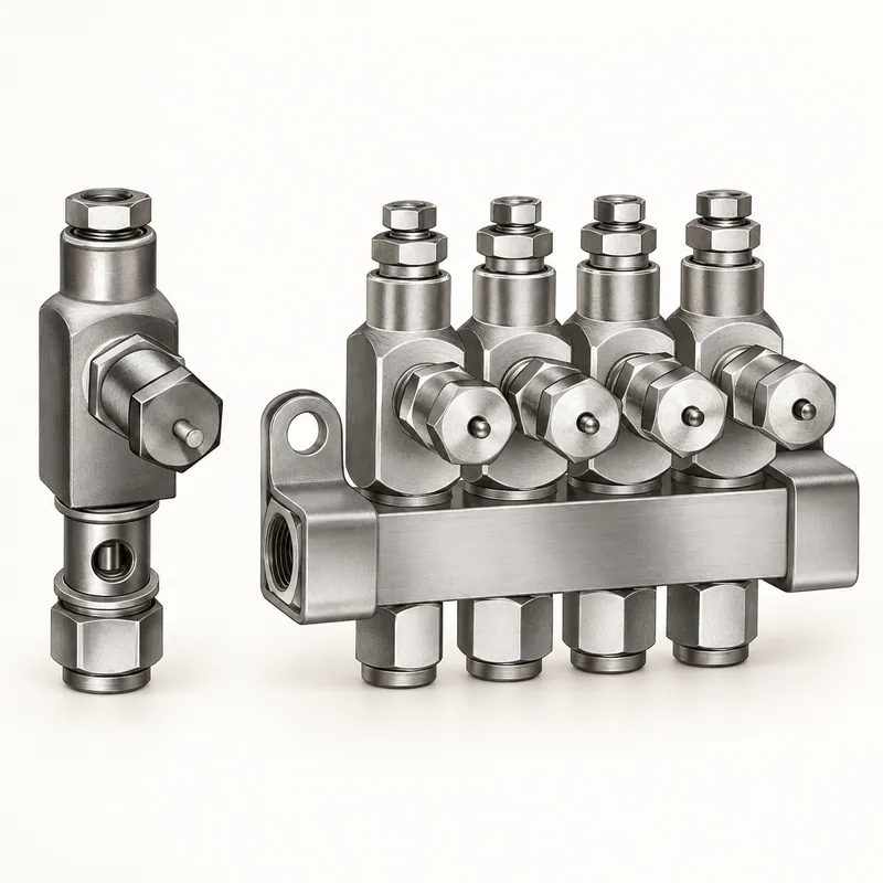 Inyector de aceite cilíndrico de acero con cuerpo estriado y conexiones roscadas · SKF LL/83660