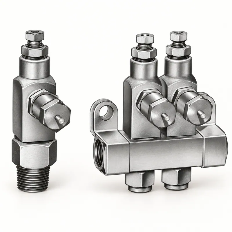 Inyector de grasa metálico compacto con cuerpo cilíndrico y puertos roscados · SKF LL/83724-2