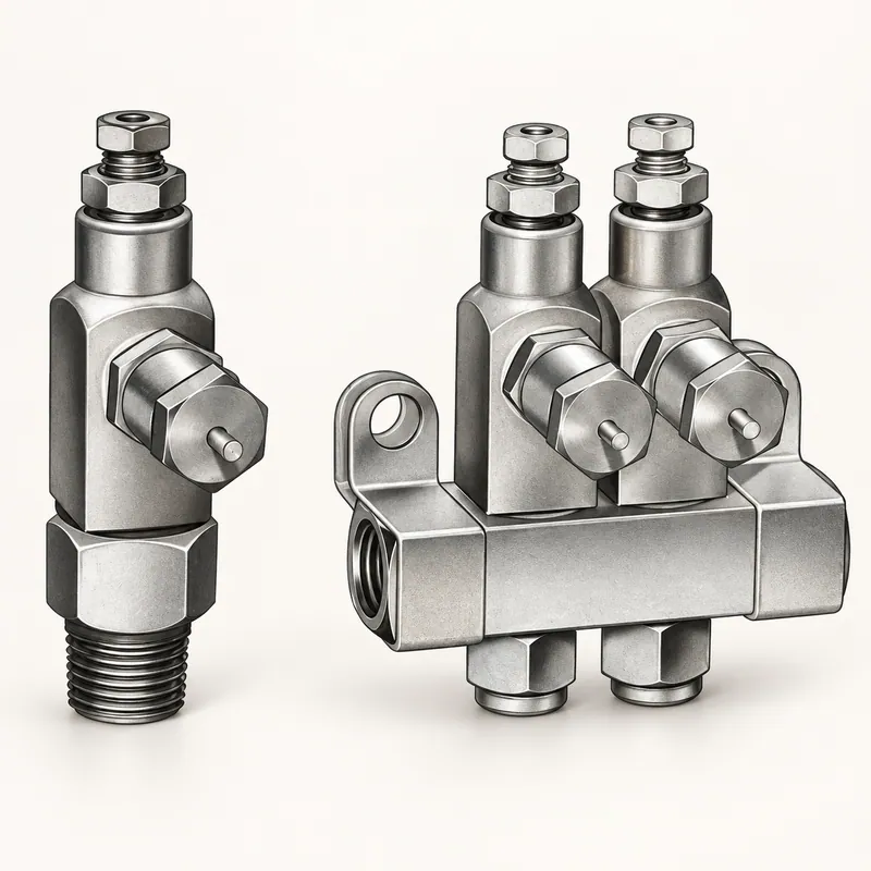 Inyector de grasa metálico compacto con cuerpo cilíndrico y puertos roscados · SKF LL/83724-3
