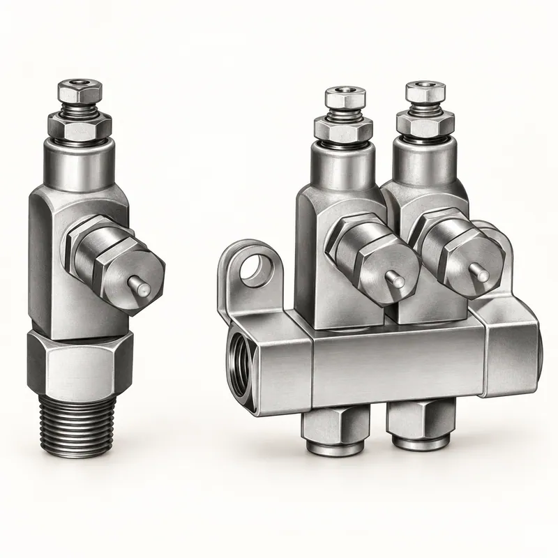 Inyector de grasa metálico compacto con cuerpo cilíndrico y puertos roscados · SKF LL/83724-4
