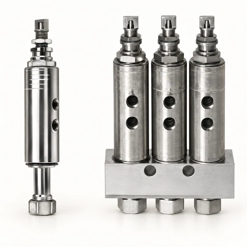 Inyector de aceite metálico cilíndrico con roscas y tuerca para sistema de lubricación centralizada · SKF LL/83749-2
