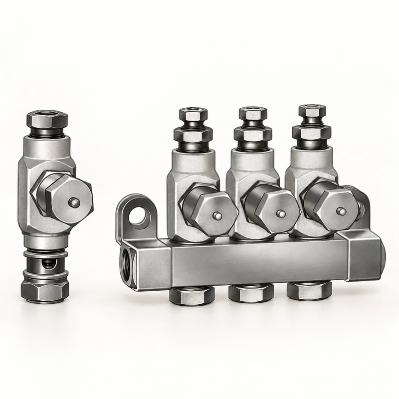 Inyector de aceite metálico cilíndrico con conexiones roscadas para sistema Centro-Matic · SKF LL/84428-10
