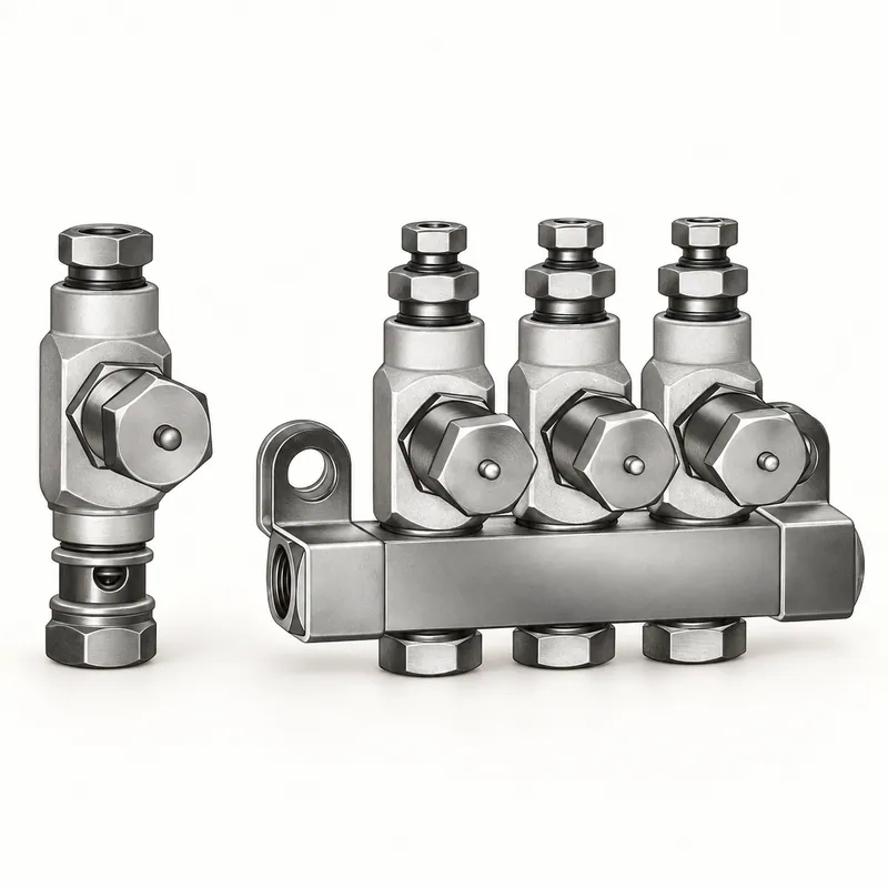 Inyector de aceite de acero con cuerpo cilíndrico y puertos de entrada y salida · SKF LL/84428-15
