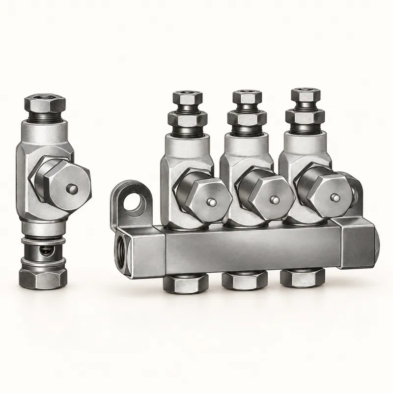 Inyector de aceite metálico cilíndrico con cuerpo alargado y conexiones roscadas · SKF LL/84428-3