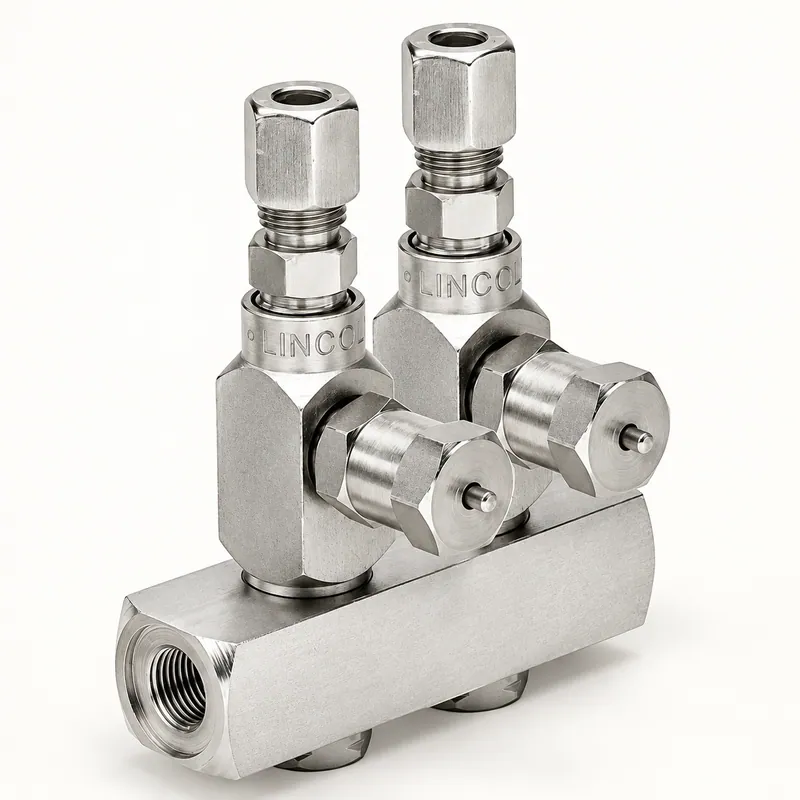 Inyector métrico de acero para sistema de lubricación centralizada, cuerpo cilíndrico con roscas y conexiones. · SKF LL/85352-2