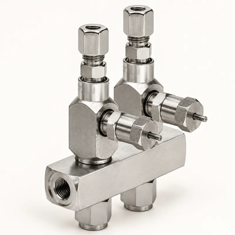 Inyector de grasa para sistema de lubricación centralizada, cuerpo metálico con conexiones roscadas. · SKF LL/85353-2