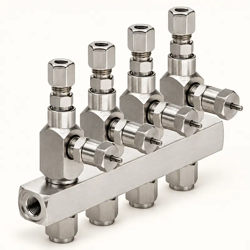 Múltiple de grasa de cuatro salidas para lubricación centralizada, bloque metálico con conexiones. · SKF LL/85353-4
