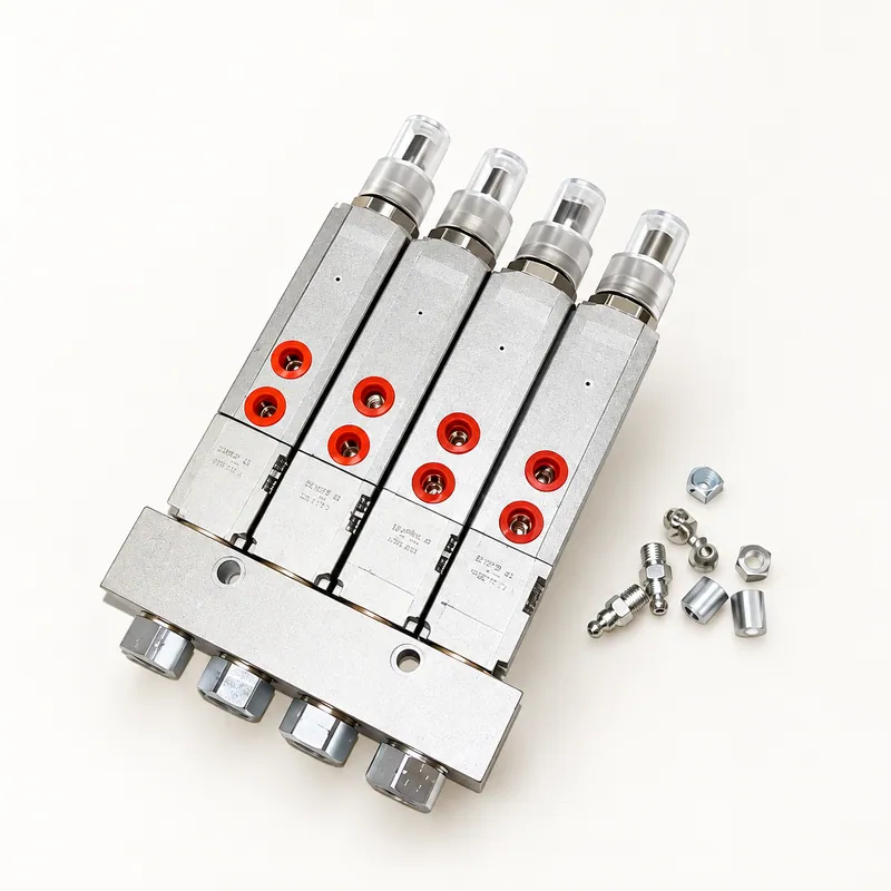Múltiple distribuidor de grasa con cuatro inyectores sobre bloque rectangular de acero · SKF LL/85770-4