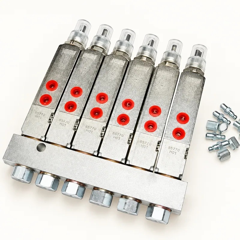 Múltiple distribuidor de grasa con seis inyectores sobre bloque rectangular de acero · SKF LL/85770-6