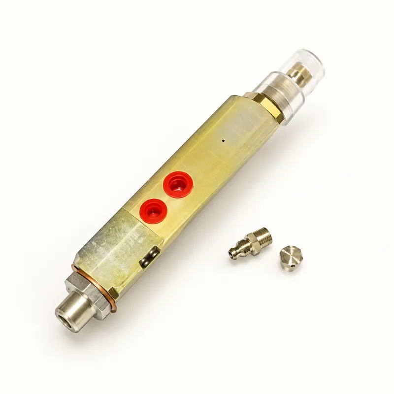 Inyector de grasa metálico alargado con cuerpo cilíndrico y conexiones roscadas · SKF LL/85772