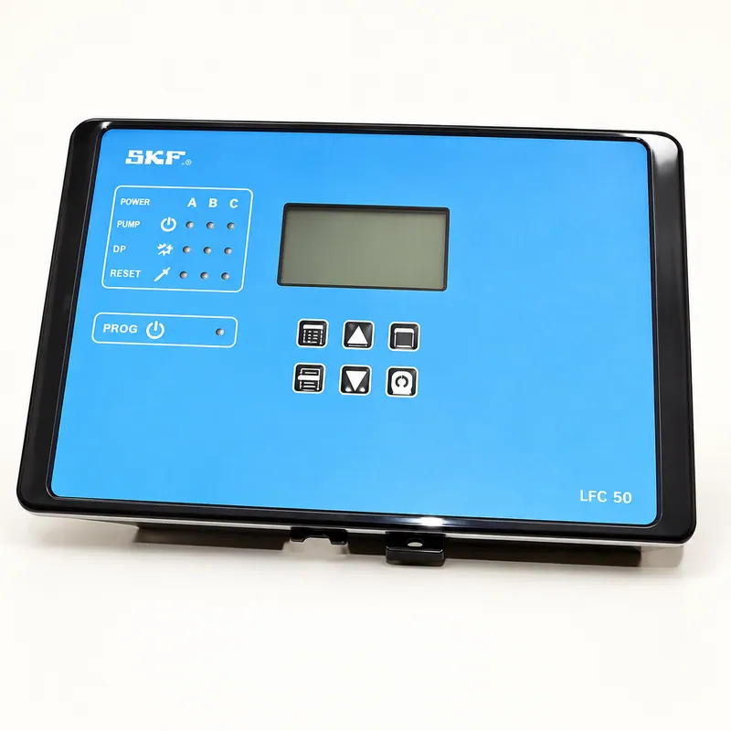 Controlador de lubricación centralizada con pantalla digital y botonera, montado en gabinete metálico · SKF LL/86501