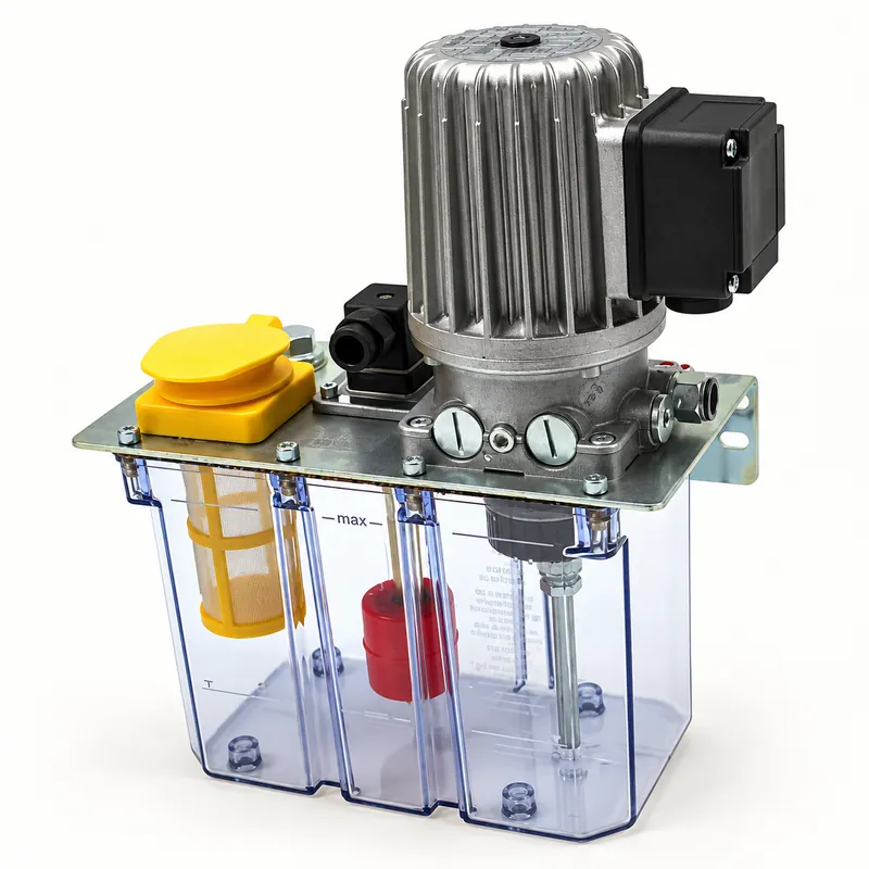 Bomba de engranajes metálica para lubricación centralizada, con cuerpo cilíndrico y base de montaje, 3 litros · SKF LL/MFE5-KW3-2 299