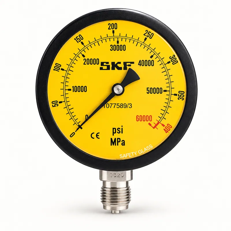 Manómetro hidráulico analógico de esfera amarilla con conexión inferior · SKF 1077589/3