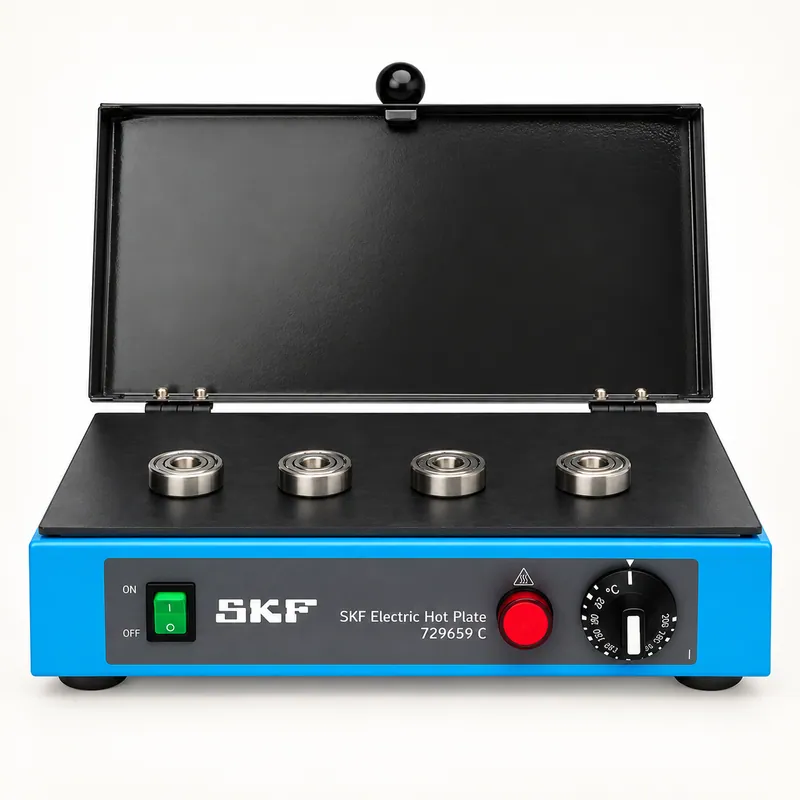 Placa calefactora eléctrica con superficie metálica y controles · SKF 729659 C-1