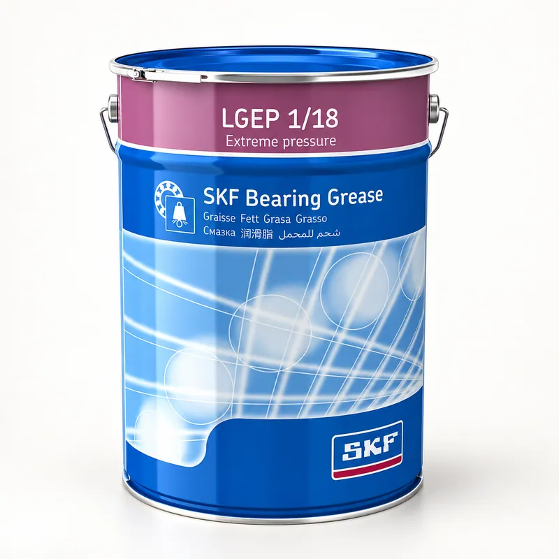 Pote de grasa lubricante con tapa y etiqueta identificatoria · SKF LGEP 1/18
