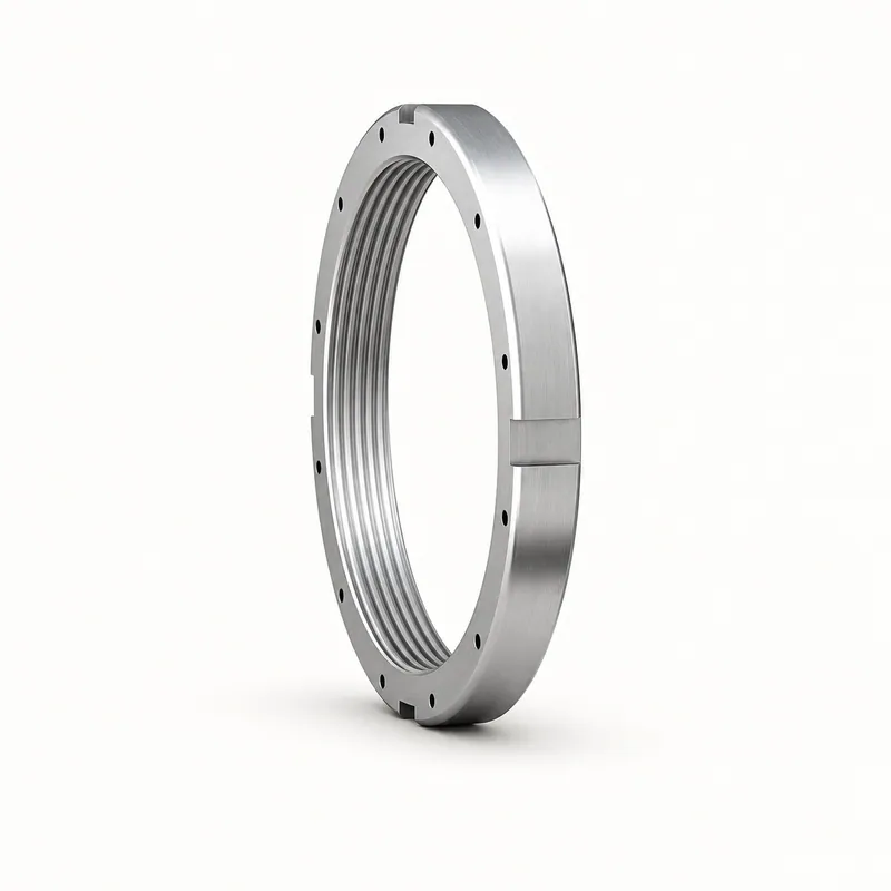 Tuerca de fijación circular de acero con ranuras y agujeros roscados · SKF N 048