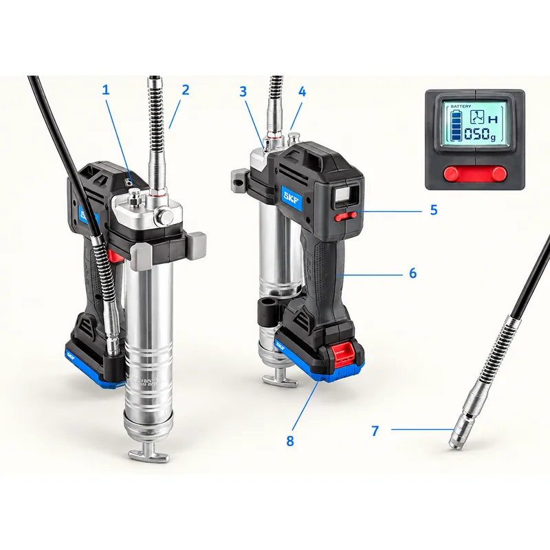 Pistola engrasadora a batería con cuerpo plástico y manguera flexible · SKF TLGB 20